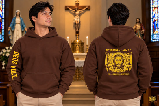 DEUS VULT! Holy Face Hoodie — Gold Sleeve Design
