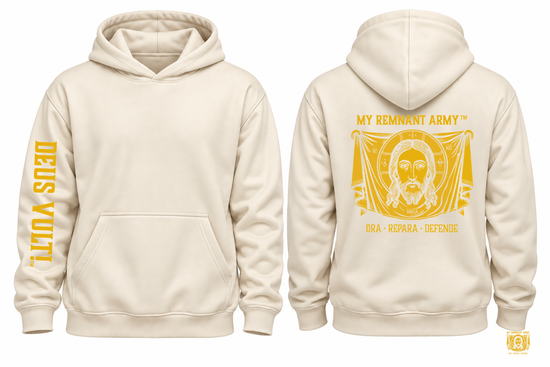 DEUS VULT! Holy Face Hoodie — Gold Sleeve Design
