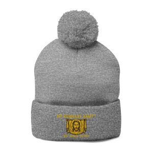 Embroidered "My Remnant Army" Logo Pom-Pom Beanie — Cozy Grey Knit Cap with Gold Logo Embroidery