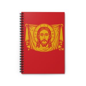 "Jesus Christ Conquers" Catholic Christian Icon Spiral Notebook — Holy Face Red & Gold Ruled Journal