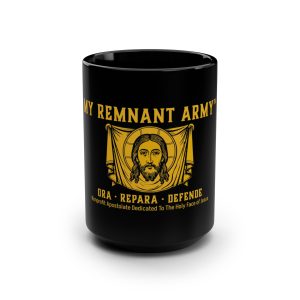 "My Remnant Army" Logo-Nonprofit Apostolate Dedicated to the Holy Face of Jesus-Black Mug, 15oz