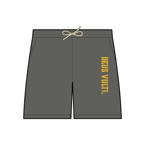 Garment-Dyed Fleece Sweat Shorts — Vertical 'DEUS VULT' Side Print