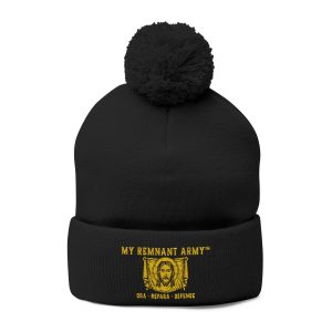 Embroidered "My Remnant Army" Logo Pom-Pom Beanie — Cozy Knit Winter Hat with Golden Logo