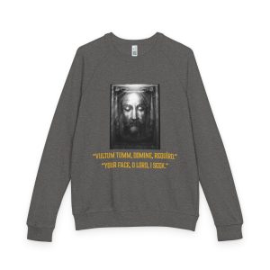 Unisex French Terry Raglan Crewneck/Veronica's Veil ( Holy Face of Jesus) Tee — Holy Face Image with Bible Verse "Your Face,O Lord, I Seek" Latin/English
