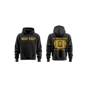 Blk “Deus Vult!” Pull over Hoodie/My Remnant Army Logo in the back of the sweatshirt