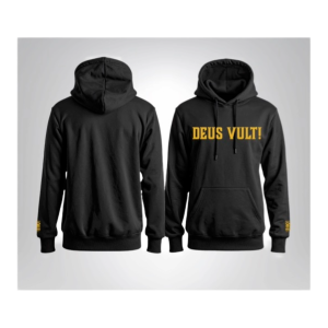 Black hoodie, front and back view, featuring "DEUS VULT!" in bold yellow text on the front. Minimalist design on a neutral background.
