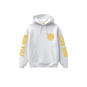 White hoodie featuring yellow text "DEUS VULT" on sleeves and a crest with "HOLY ROMAN ARMY" on the chest. The design feels bold and modern.