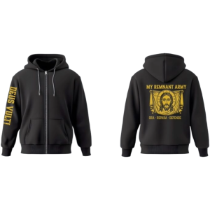 Front and back views of a black zip-up hoodie. The left sleeve reads "Deus Vult" in yellow. The back features a yellow design with a bearded figure and the words "My Remnant Army, Ora - Repara - Defende."